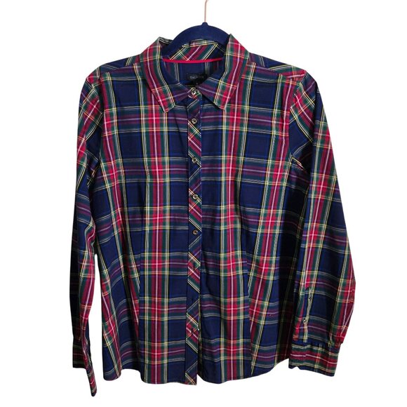 Talbots Tartan Plaid Tiny Gold Button Cotton Blend ButtonDown Blouse Size 8 - Picture 2 of 7